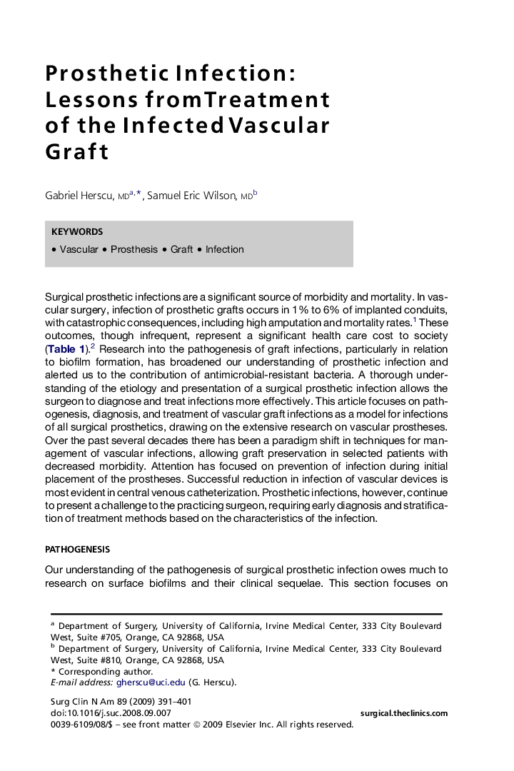 Prosthetic Infection: Lessons from Treatment of the Infected Vascular Graft