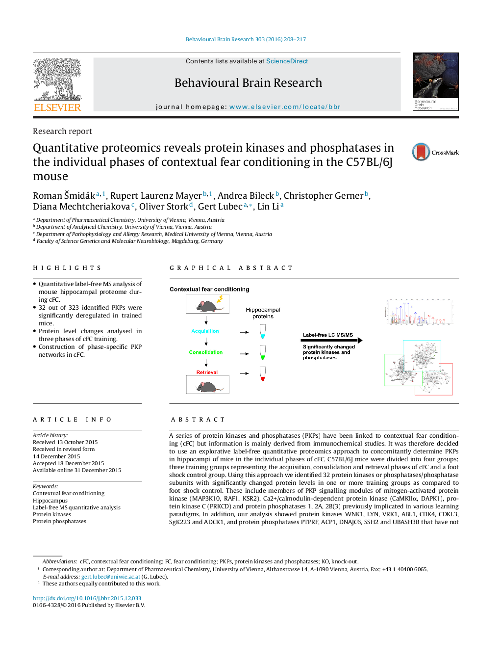 Quantitative proteomics reveals protein kinases and phosphatases in the individual phases of contextual fear conditioning in the C57BL/6J mouse