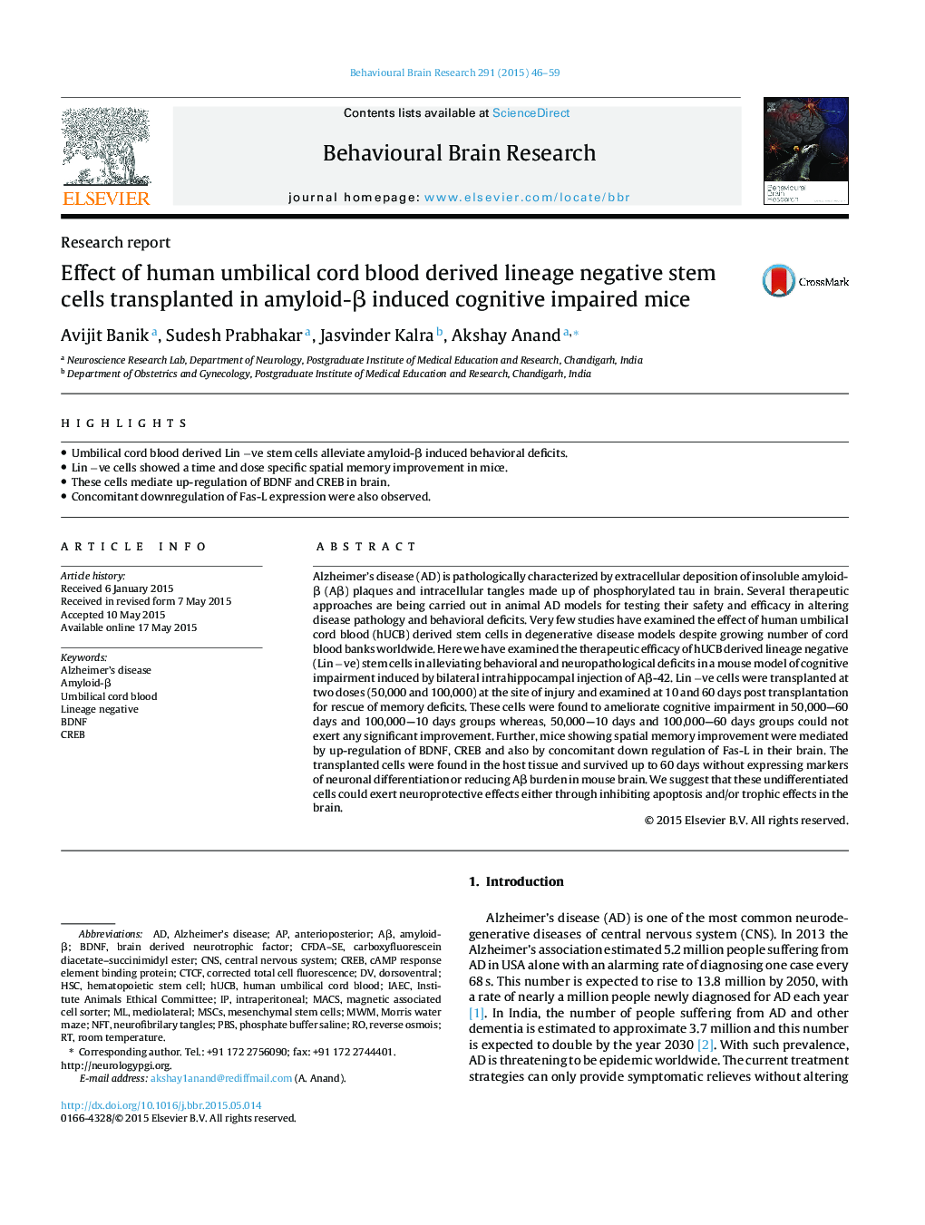 Effect of human umbilical cord blood derived lineage negative stem cells transplanted in amyloid-β induced cognitive impaired mice