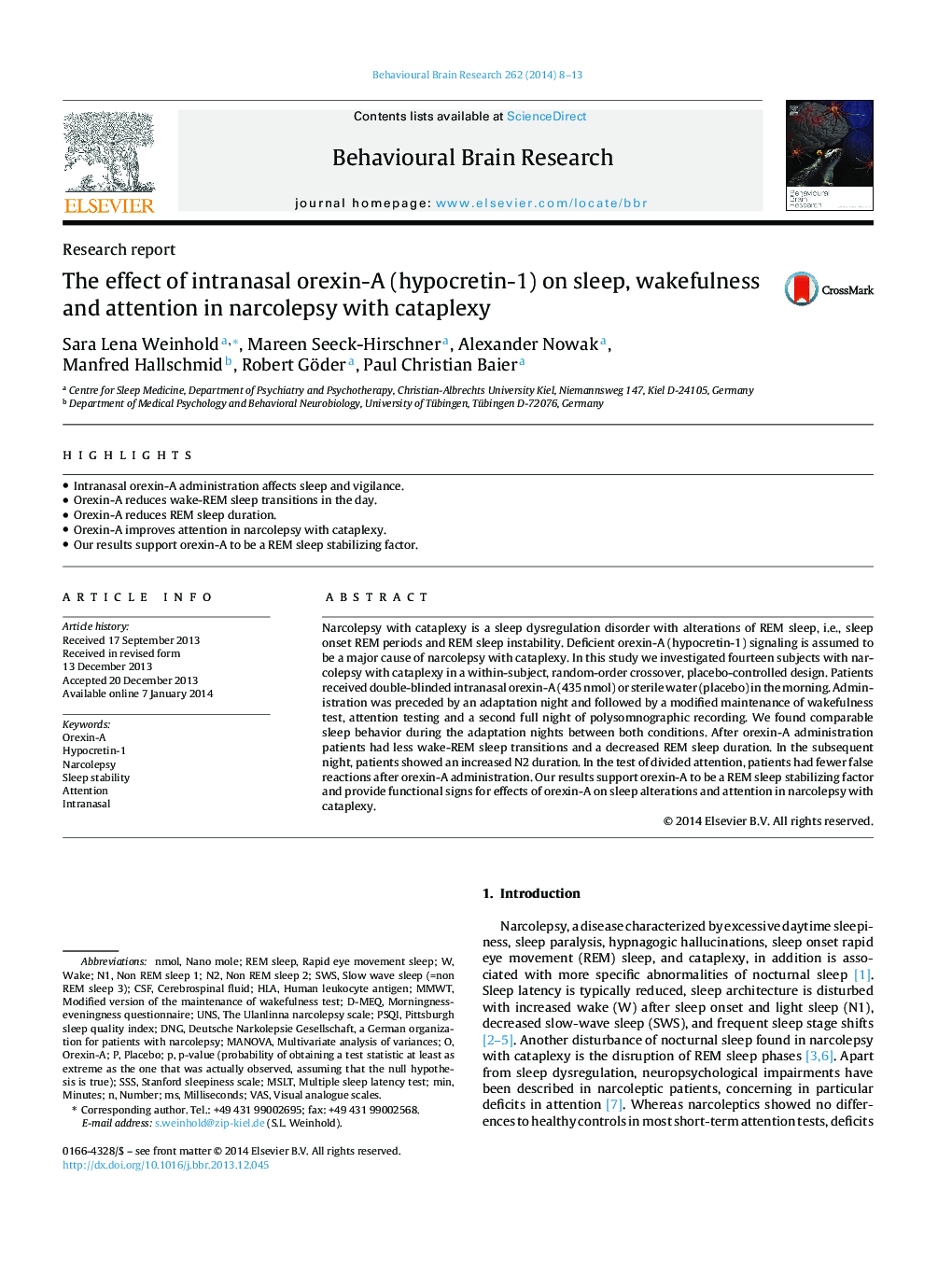 The effect of intranasal orexin-A (hypocretin-1) on sleep, wakefulness and attention in narcolepsy with cataplexy