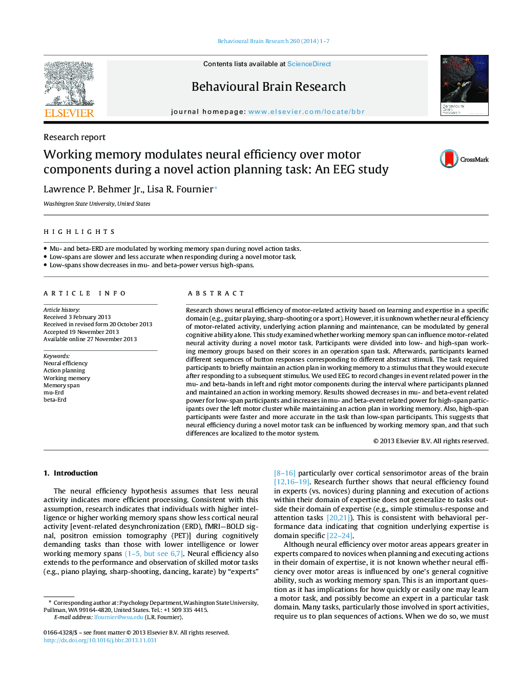 Working memory modulates neural efficiency over motor components during a novel action planning task: An EEG study