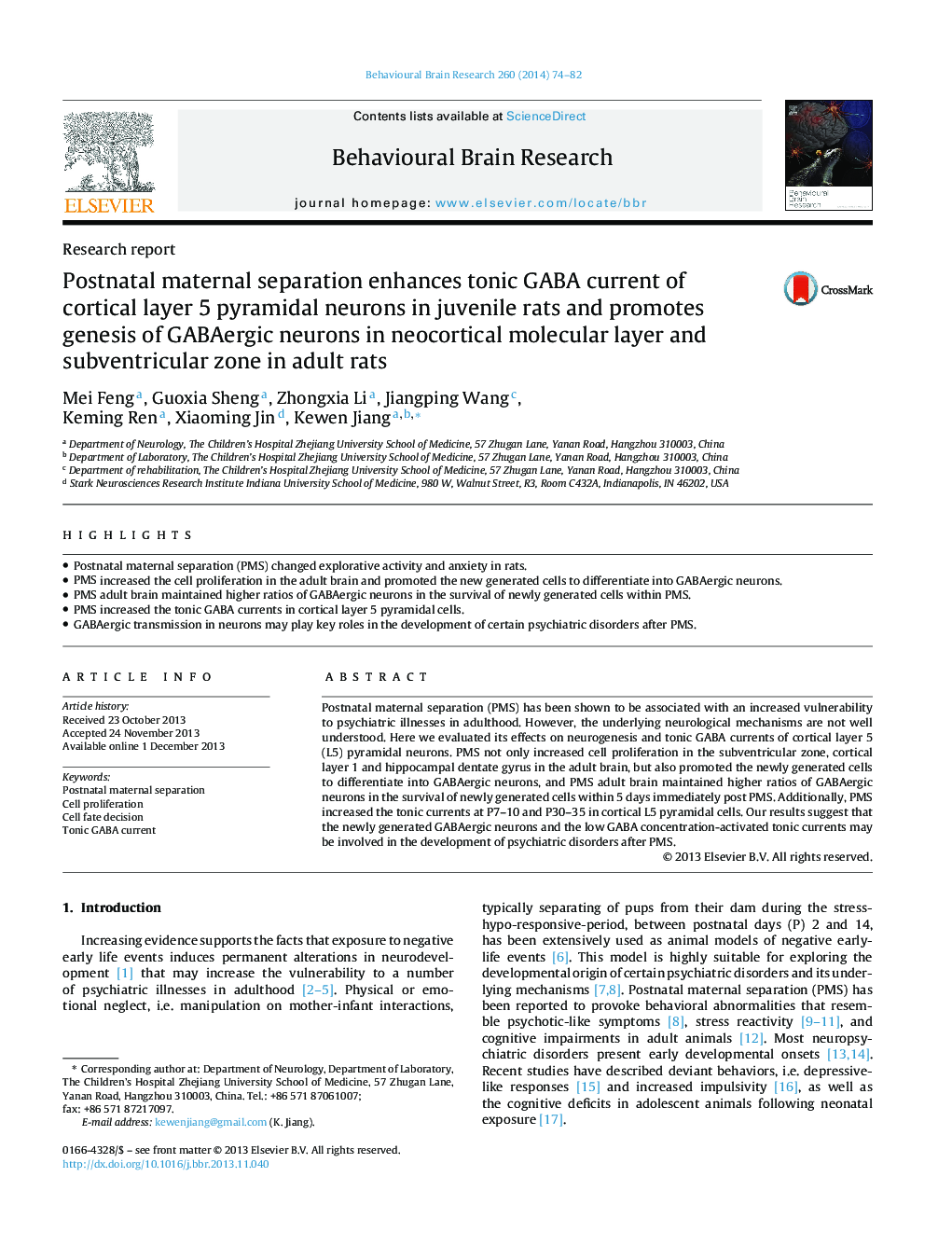 Postnatal maternal separation enhances tonic GABA current of cortical layer 5 pyramidal neurons in juvenile rats and promotes genesis of GABAergic neurons in neocortical molecular layer and subventricular zone in adult rats