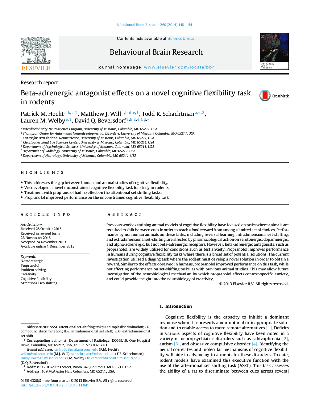 Beta-adrenergic antagonist effects on a novel cognitive flexibility task in rodents