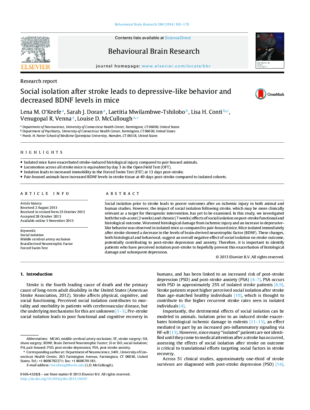 Social isolation after stroke leads to depressive-like behavior and decreased BDNF levels in mice