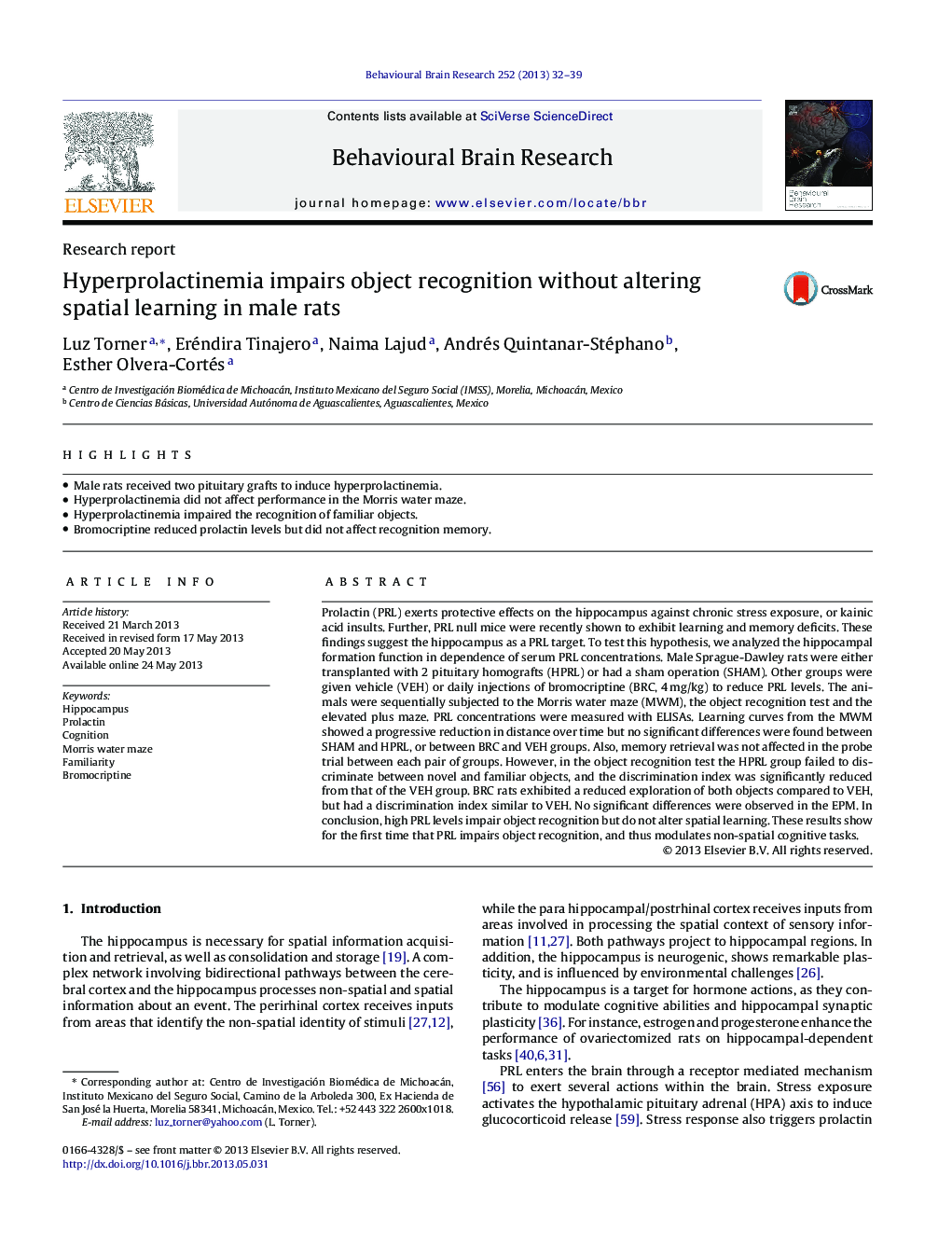 Hyperprolactinemia impairs object recognition without altering spatial learning in male rats