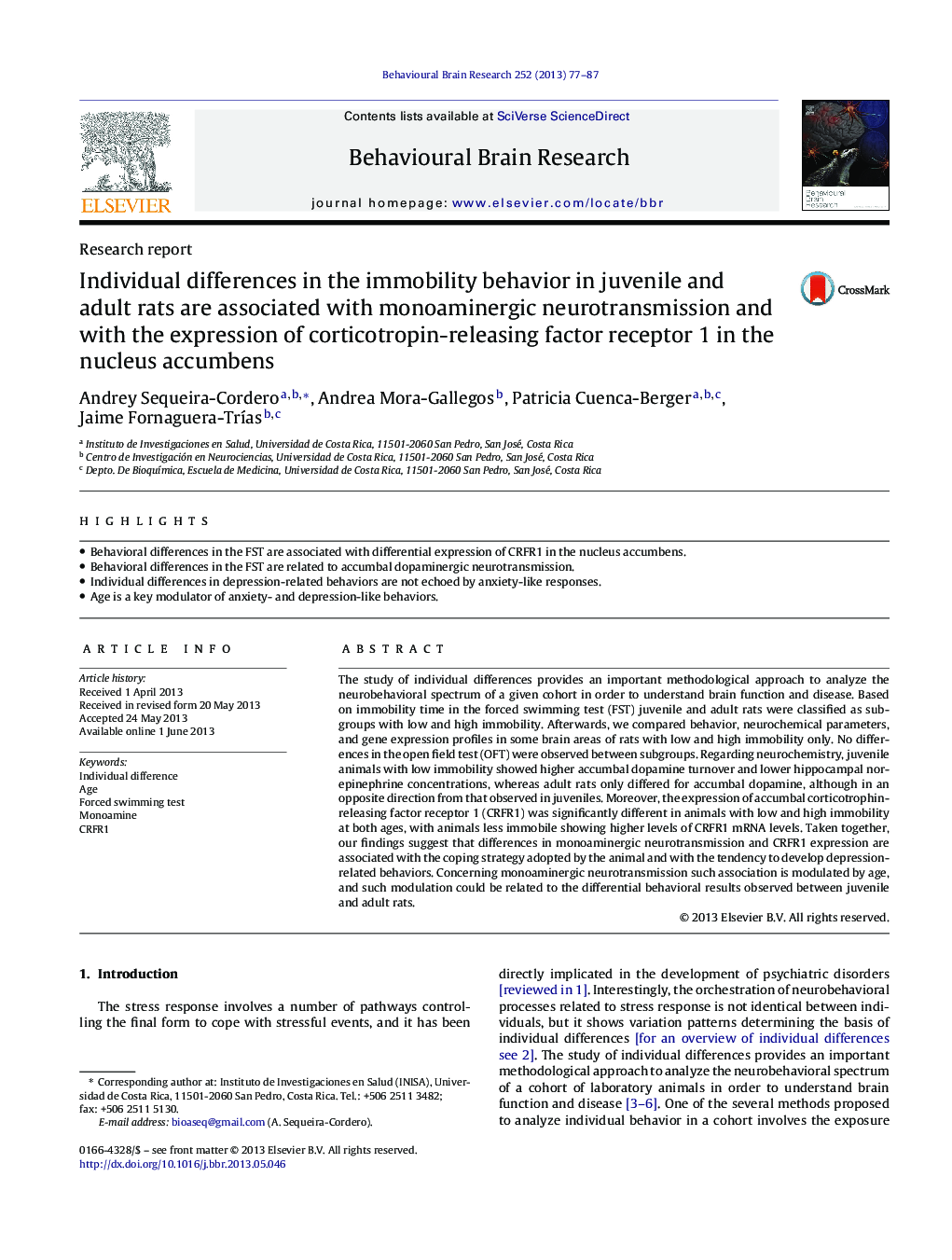 Individual differences in the immobility behavior in juvenile and adult rats are associated with monoaminergic neurotransmission and with the expression of corticotropin-releasing factor receptor 1 in the nucleus accumbens