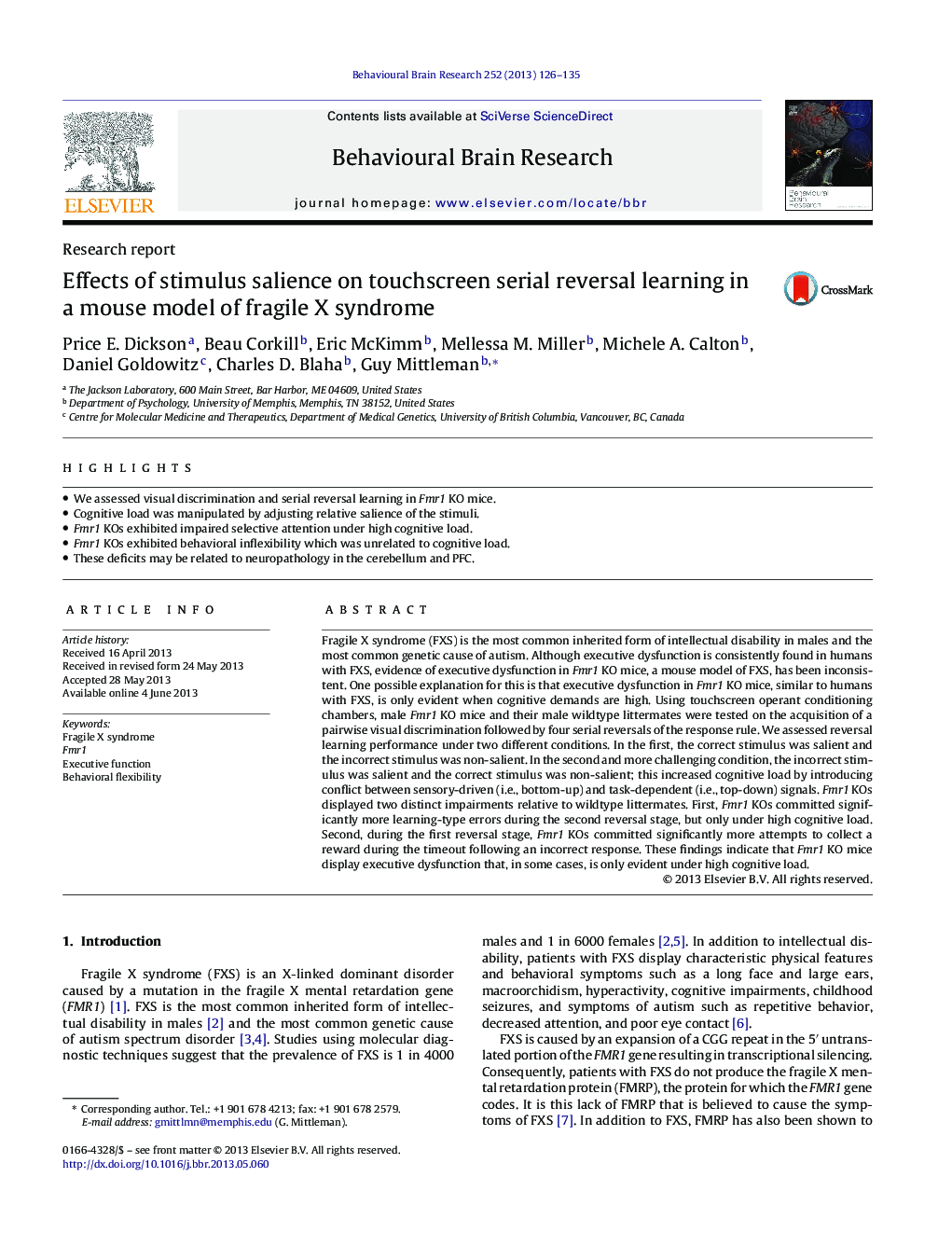 Effects of stimulus salience on touchscreen serial reversal learning in a mouse model of fragile X syndrome