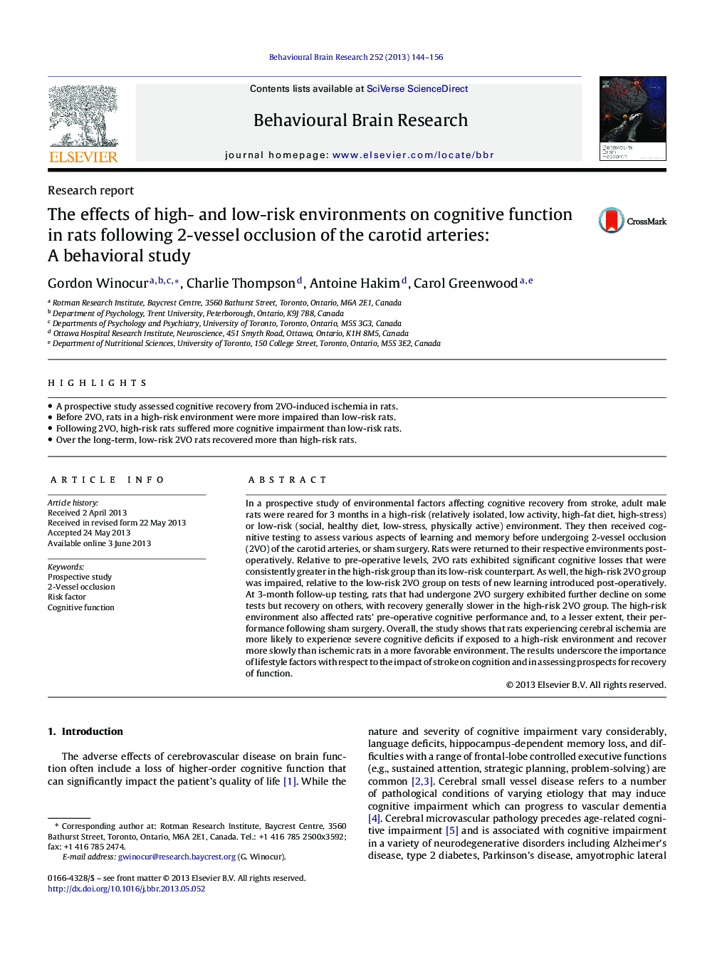 The effects of high- and low-risk environments on cognitive function in rats following 2-vessel occlusion of the carotid arteries: A behavioral study