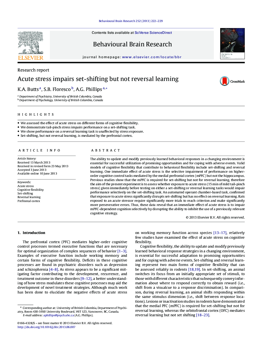 Acute stress impairs set-shifting but not reversal learning