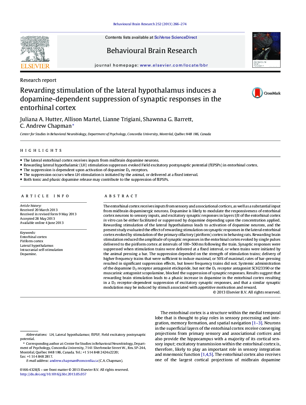 Rewarding stimulation of the lateral hypothalamus induces a dopamine-dependent suppression of synaptic responses in the entorhinal cortex