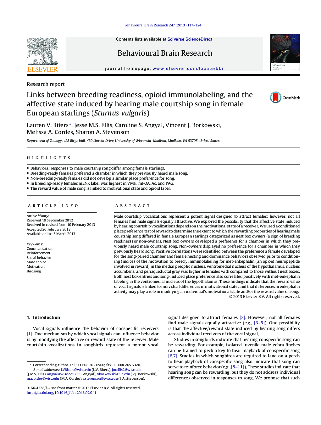 Links between breeding readiness, opioid immunolabeling, and the affective state induced by hearing male courtship song in female European starlings (Sturnus vulgaris)