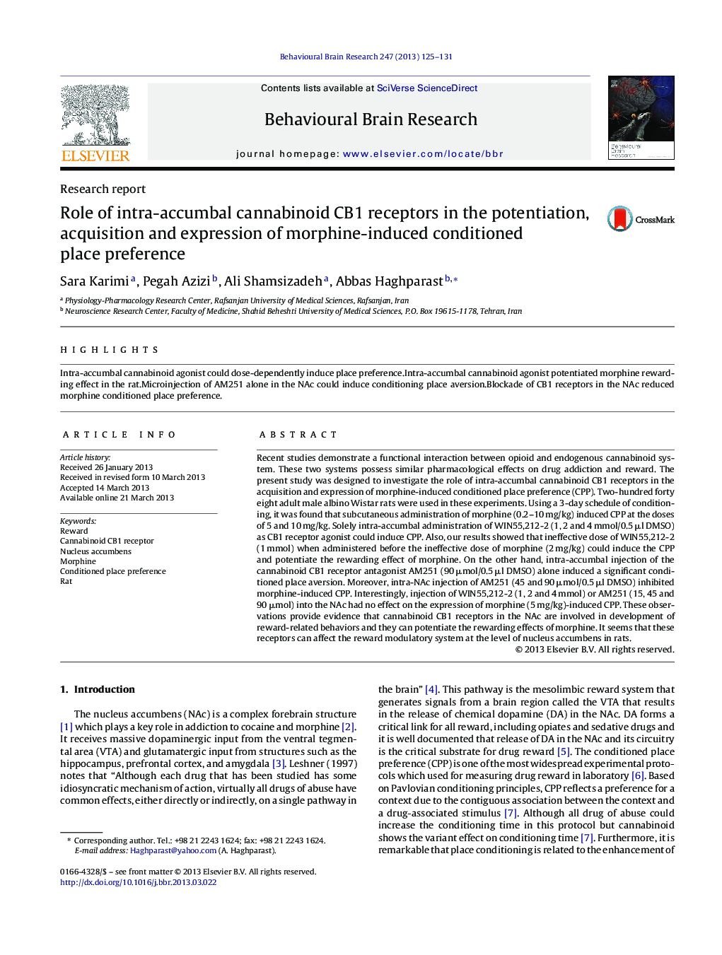 Role of intra-accumbal cannabinoid CB1 receptors in the potentiation, acquisition and expression of morphine-induced conditioned place preference