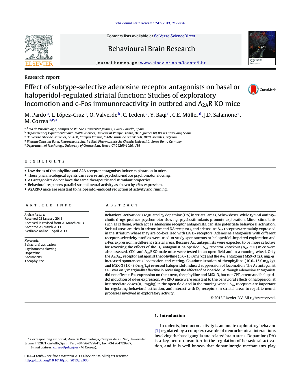 Effect of subtype-selective adenosine receptor antagonists on basal or haloperidol-regulated striatal function: Studies of exploratory locomotion and c-Fos immunoreactivity in outbred and A2AR KO mice