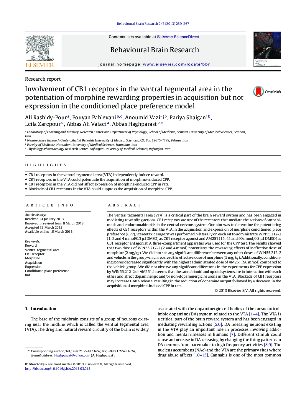 Involvement of CB1 receptors in the ventral tegmental area in the potentiation of morphine rewarding properties in acquisition but not expression in the conditioned place preference model