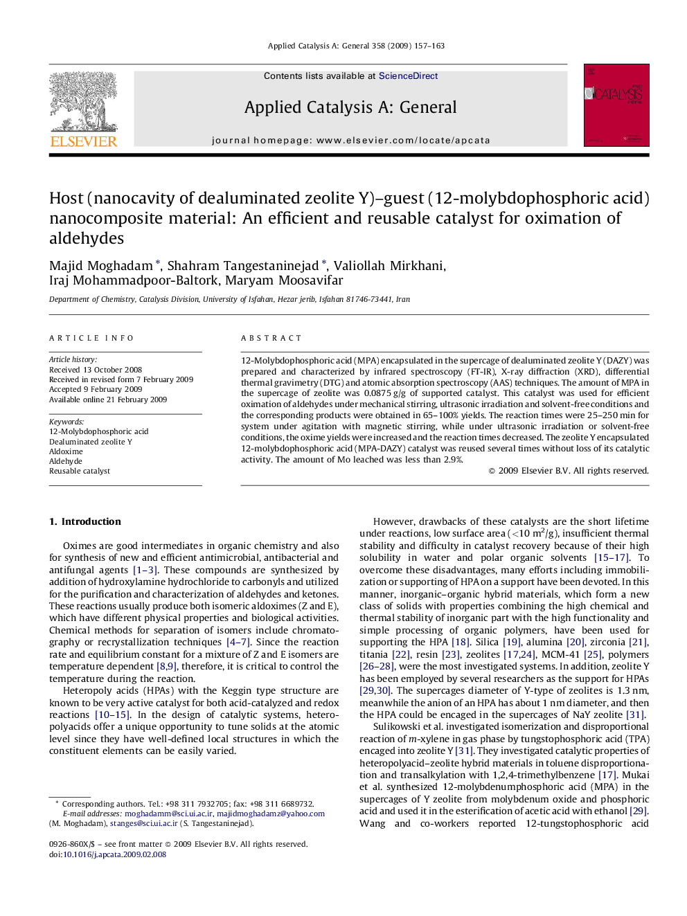 Host (nanocavity of dealuminated zeolite Y)–guest (12-molybdophosphoric acid) nanocomposite material: An efficient and reusable catalyst for oximation of aldehydes