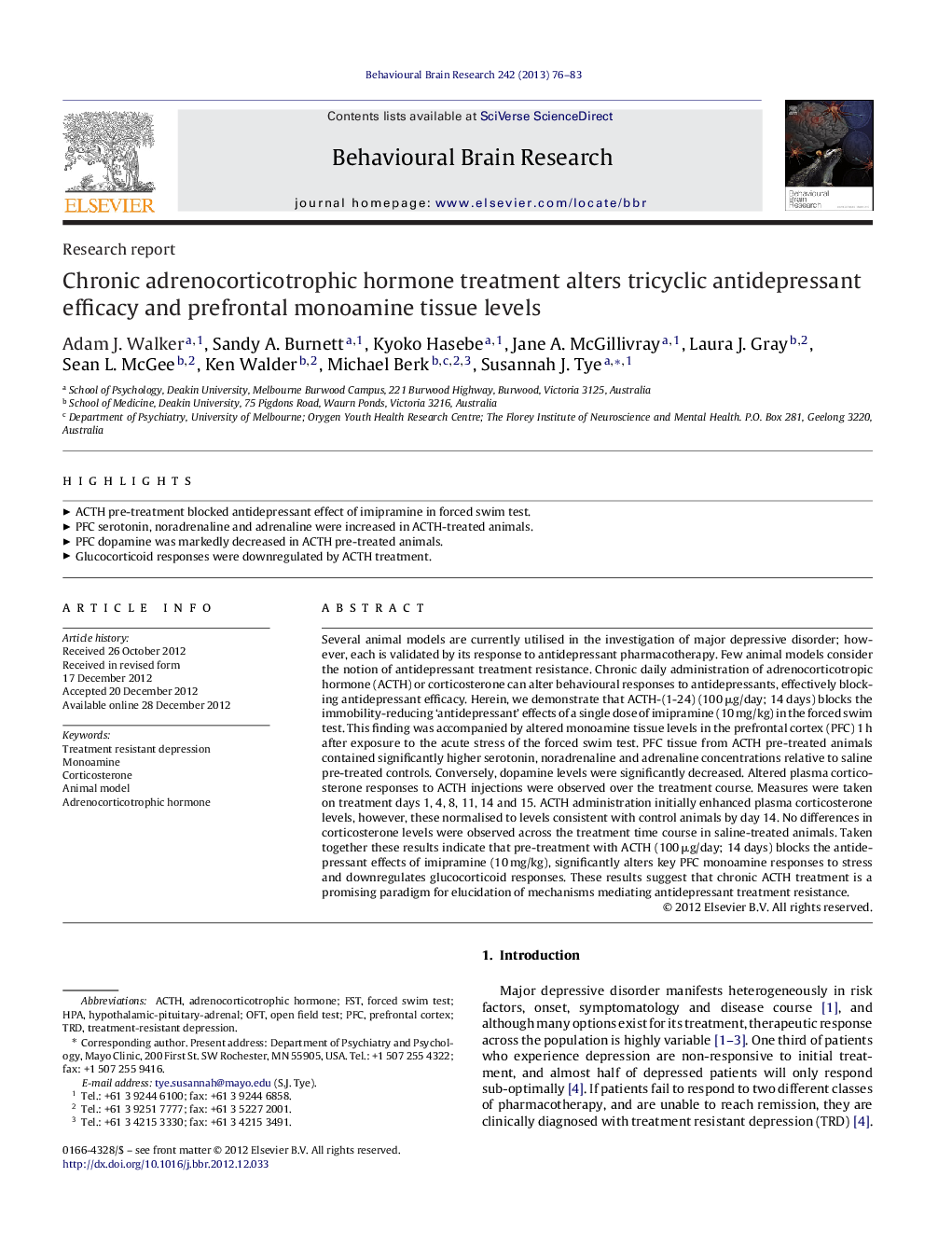 Chronic adrenocorticotrophic hormone treatment alters tricyclic antidepressant efficacy and prefrontal monoamine tissue levels