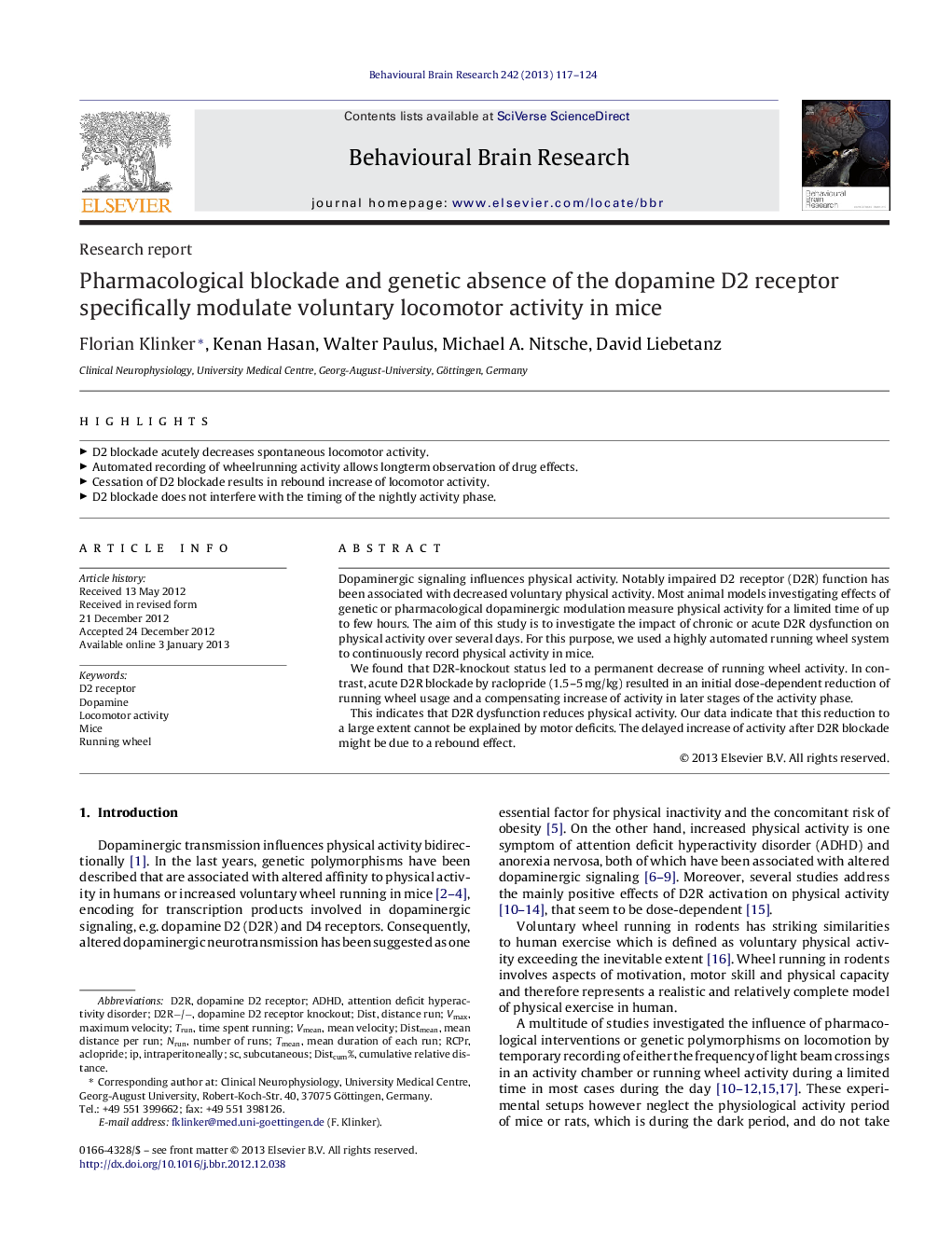 Pharmacological blockade and genetic absence of the dopamine D2 receptor specifically modulate voluntary locomotor activity in mice