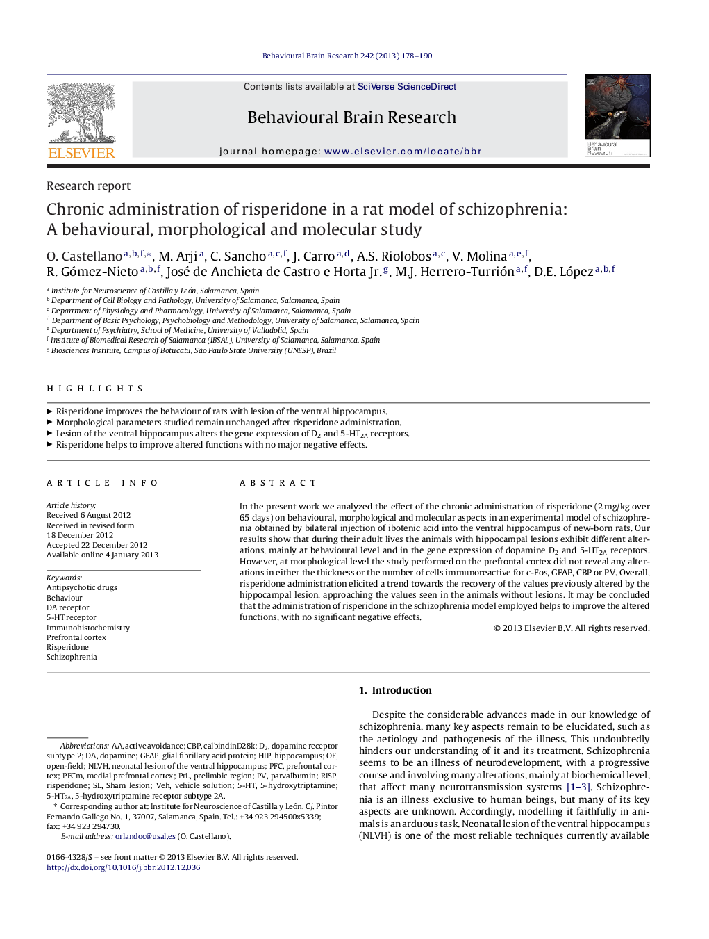 Chronic administration of risperidone in a rat model of schizophrenia: A behavioural, morphological and molecular study