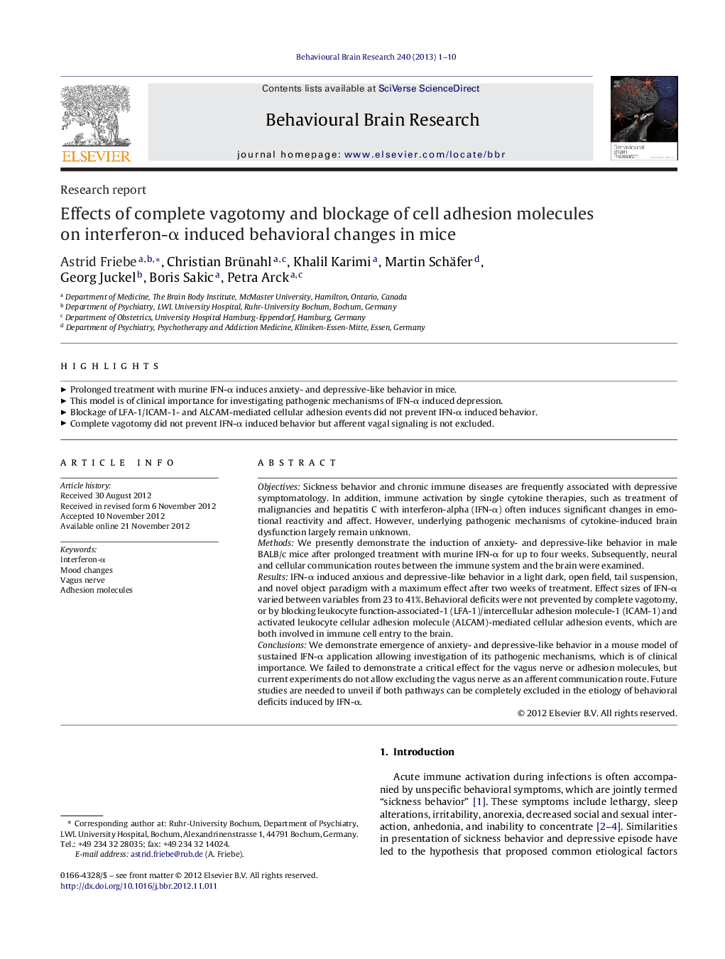 Effects of complete vagotomy and blockage of cell adhesion molecules on interferon-α induced behavioral changes in mice