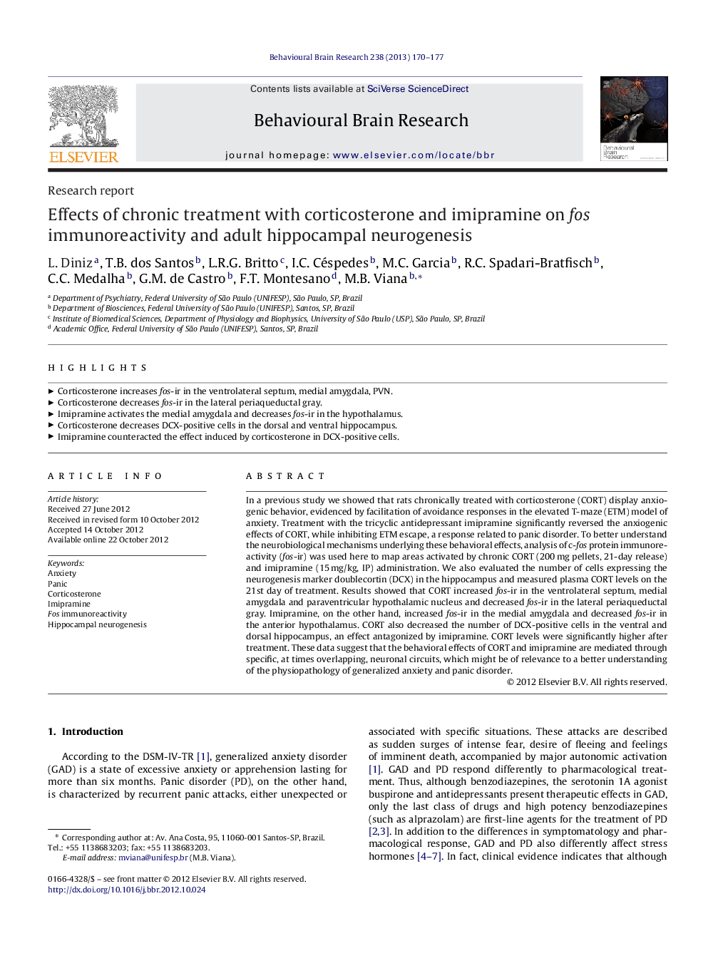 Effects of chronic treatment with corticosterone and imipramine on fos immunoreactivity and adult hippocampal neurogenesis