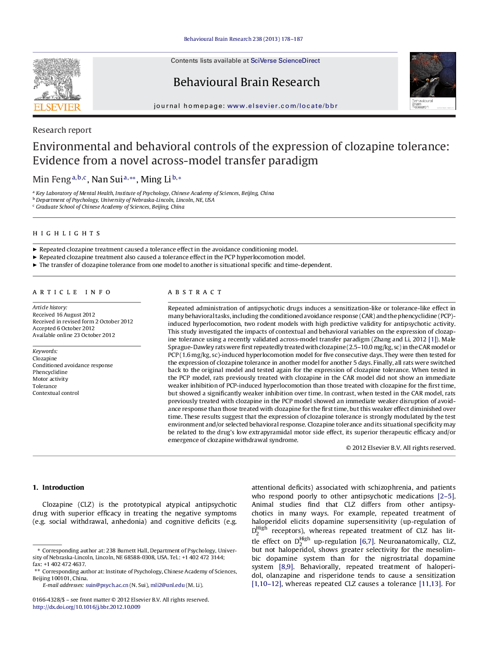 Environmental and behavioral controls of the expression of clozapine tolerance: Evidence from a novel across-model transfer paradigm