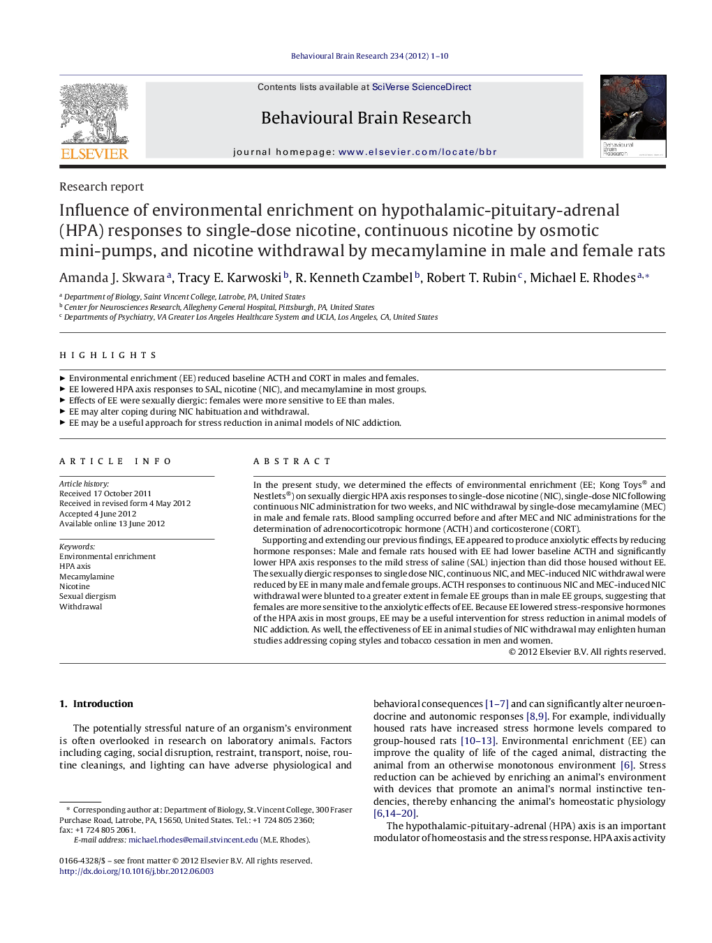 Influence of environmental enrichment on hypothalamic-pituitary-adrenal (HPA) responses to single-dose nicotine, continuous nicotine by osmotic mini-pumps, and nicotine withdrawal by mecamylamine in male and female rats