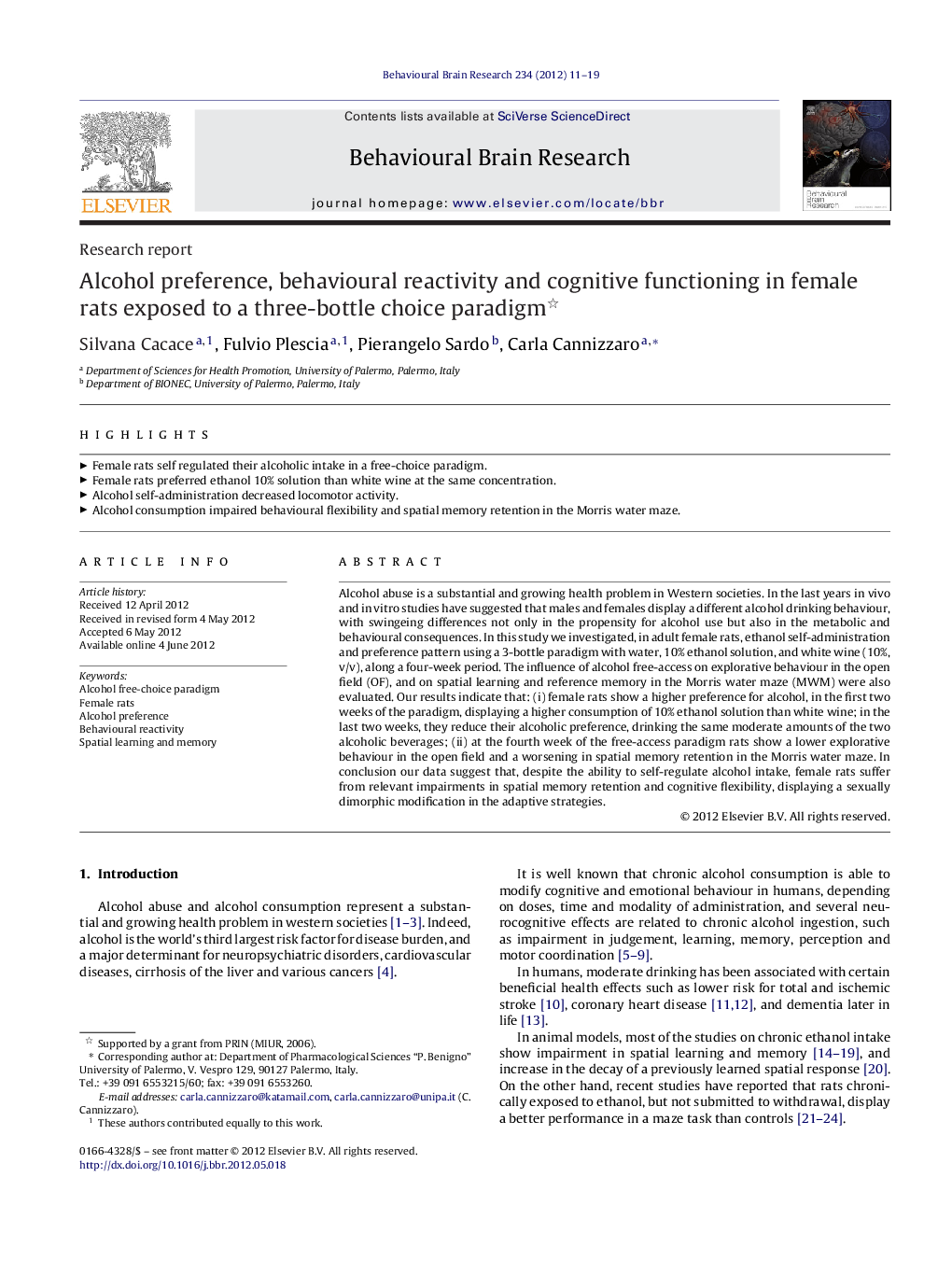 Alcohol preference, behavioural reactivity and cognitive functioning in female rats exposed to a three-bottle choice paradigm 