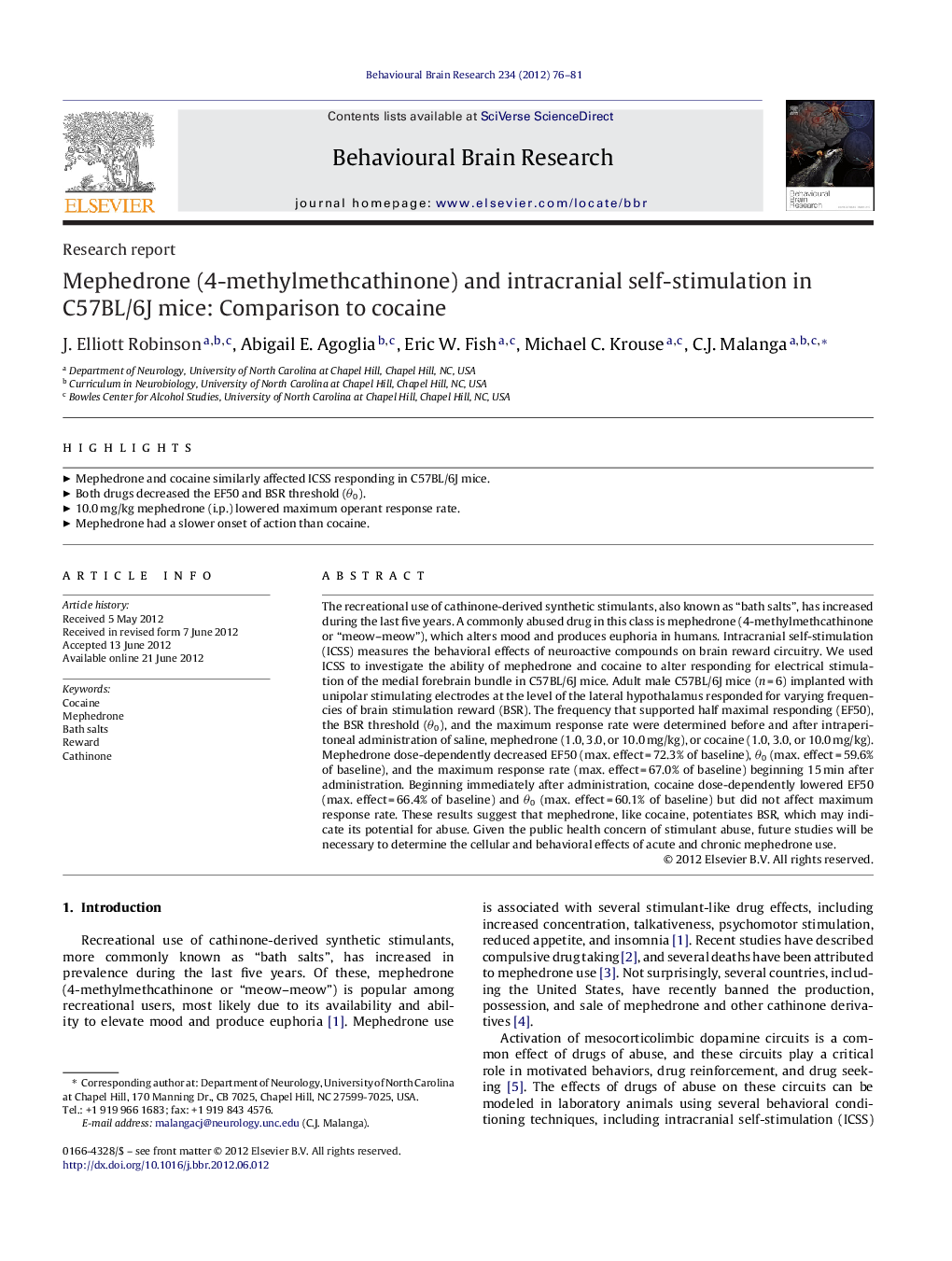 Mephedrone (4-methylmethcathinone) and intracranial self-stimulation in C57BL/6J mice: Comparison to cocaine