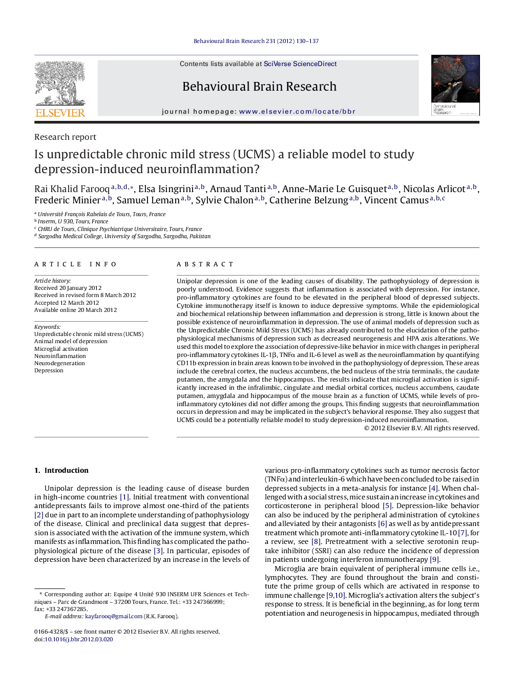 Is unpredictable chronic mild stress (UCMS) a reliable model to study depression-induced neuroinflammation?