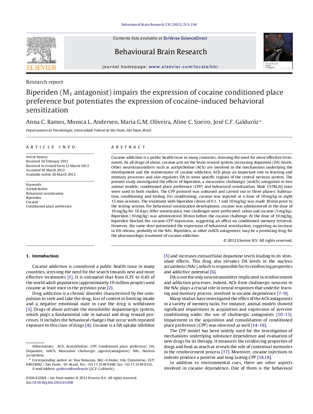 Biperiden (M1 antagonist) impairs the expression of cocaine conditioned place preference but potentiates the expression of cocaine-induced behavioral sensitization