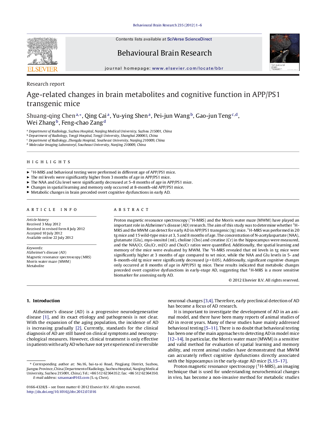 Age-related changes in brain metabolites and cognitive function in APP/PS1 transgenic mice