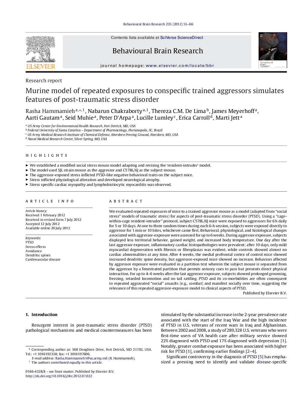 Murine model of repeated exposures to conspecific trained aggressors simulates features of post-traumatic stress disorder