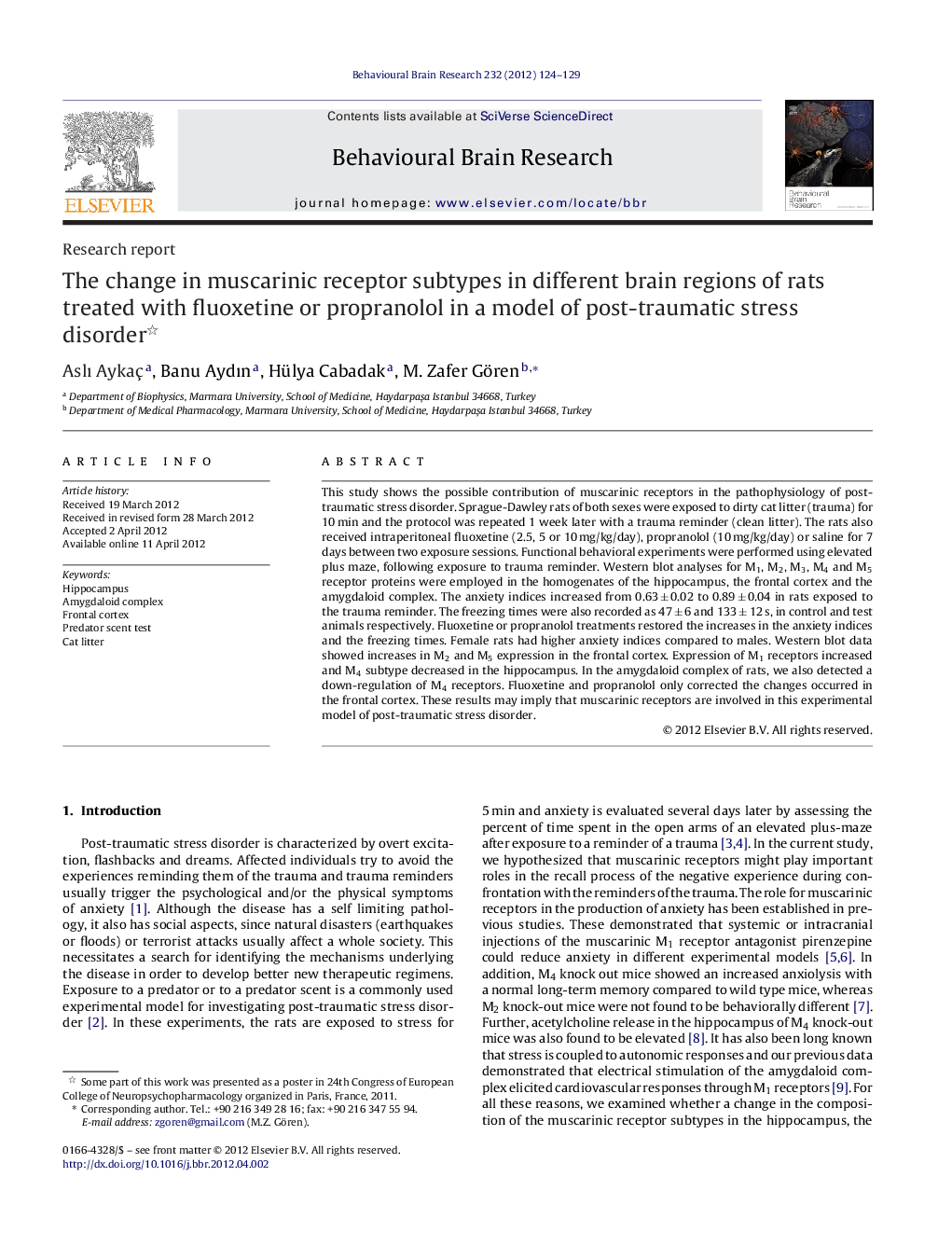 The change in muscarinic receptor subtypes in different brain regions of rats treated with fluoxetine or propranolol in a model of post-traumatic stress disorder 