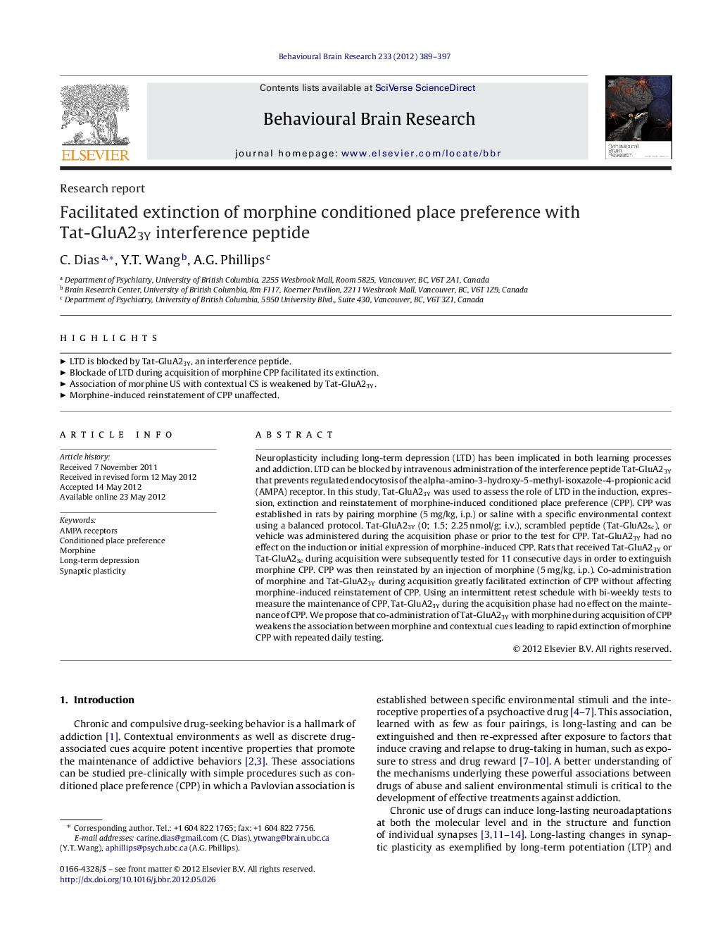 Facilitated extinction of morphine conditioned place preference with Tat-GluA23Y interference peptide