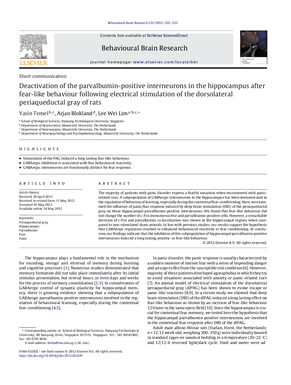 Deactivation of the parvalbumin-positive interneurons in the hippocampus after fear-like behaviour following electrical stimulation of the dorsolateral periaqueductal gray of rats