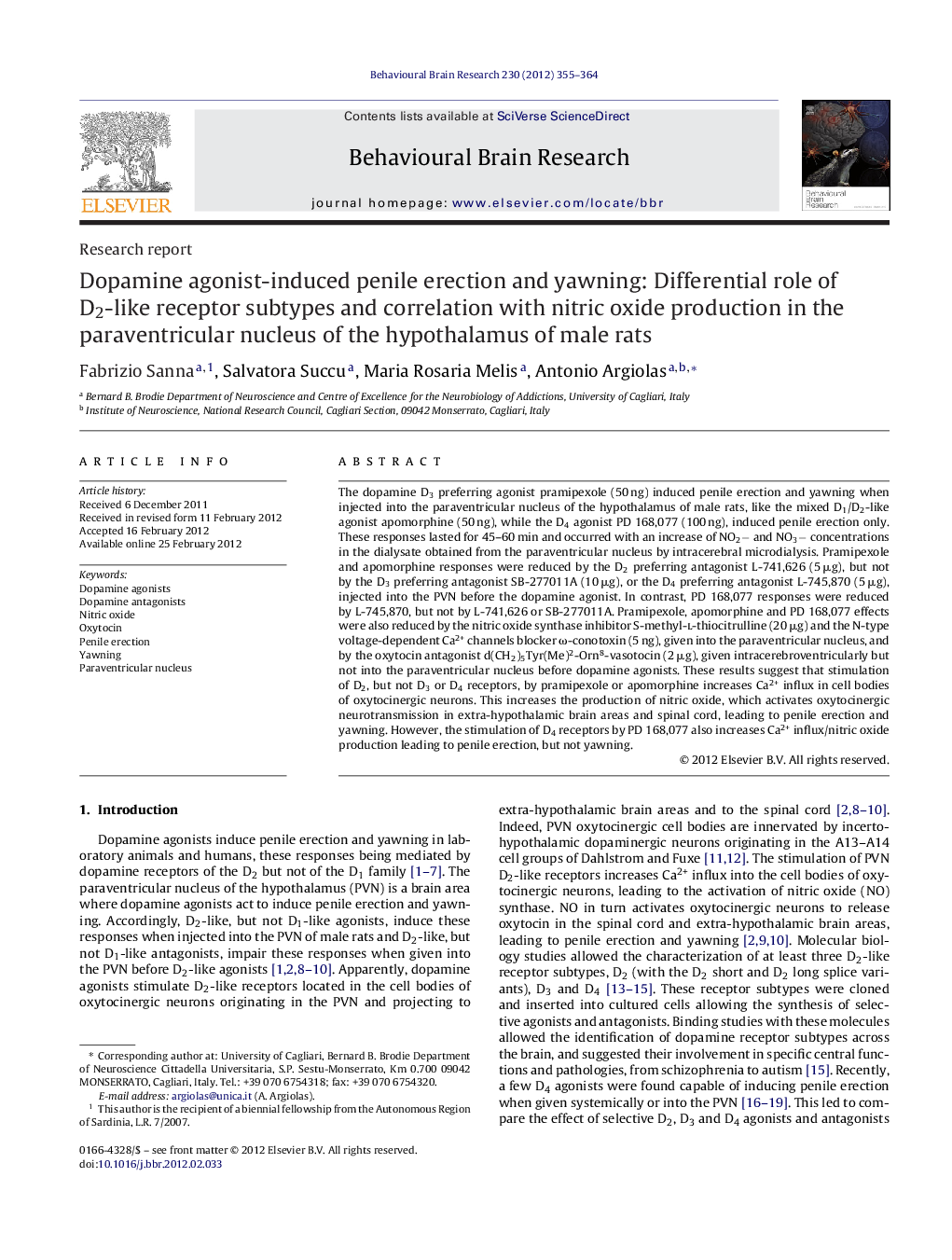 Dopamine agonist-induced penile erection and yawning: Differential role of D2-like receptor subtypes and correlation with nitric oxide production in the paraventricular nucleus of the hypothalamus of male rats