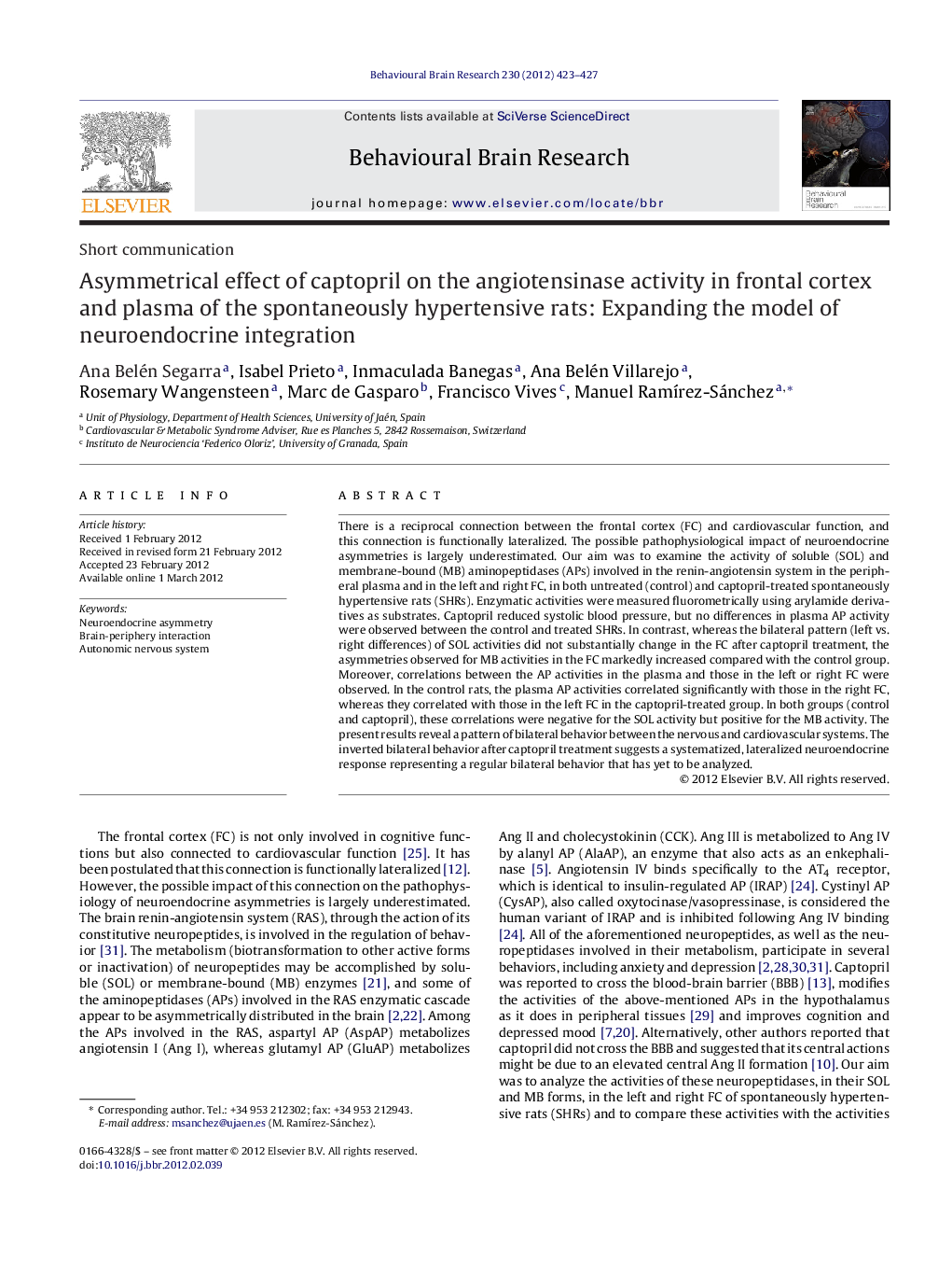 Asymmetrical effect of captopril on the angiotensinase activity in frontal cortex and plasma of the spontaneously hypertensive rats: Expanding the model of neuroendocrine integration