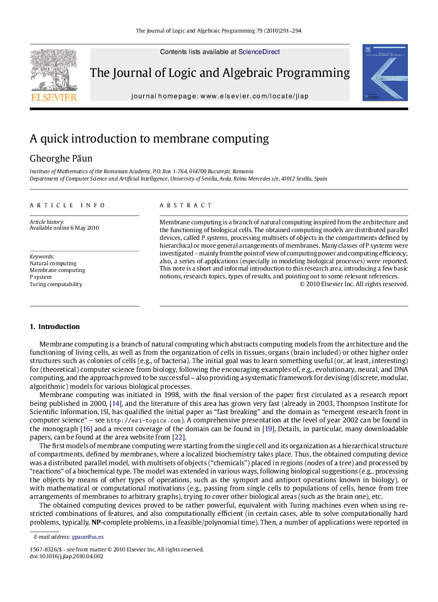 A quick introduction to membrane computing