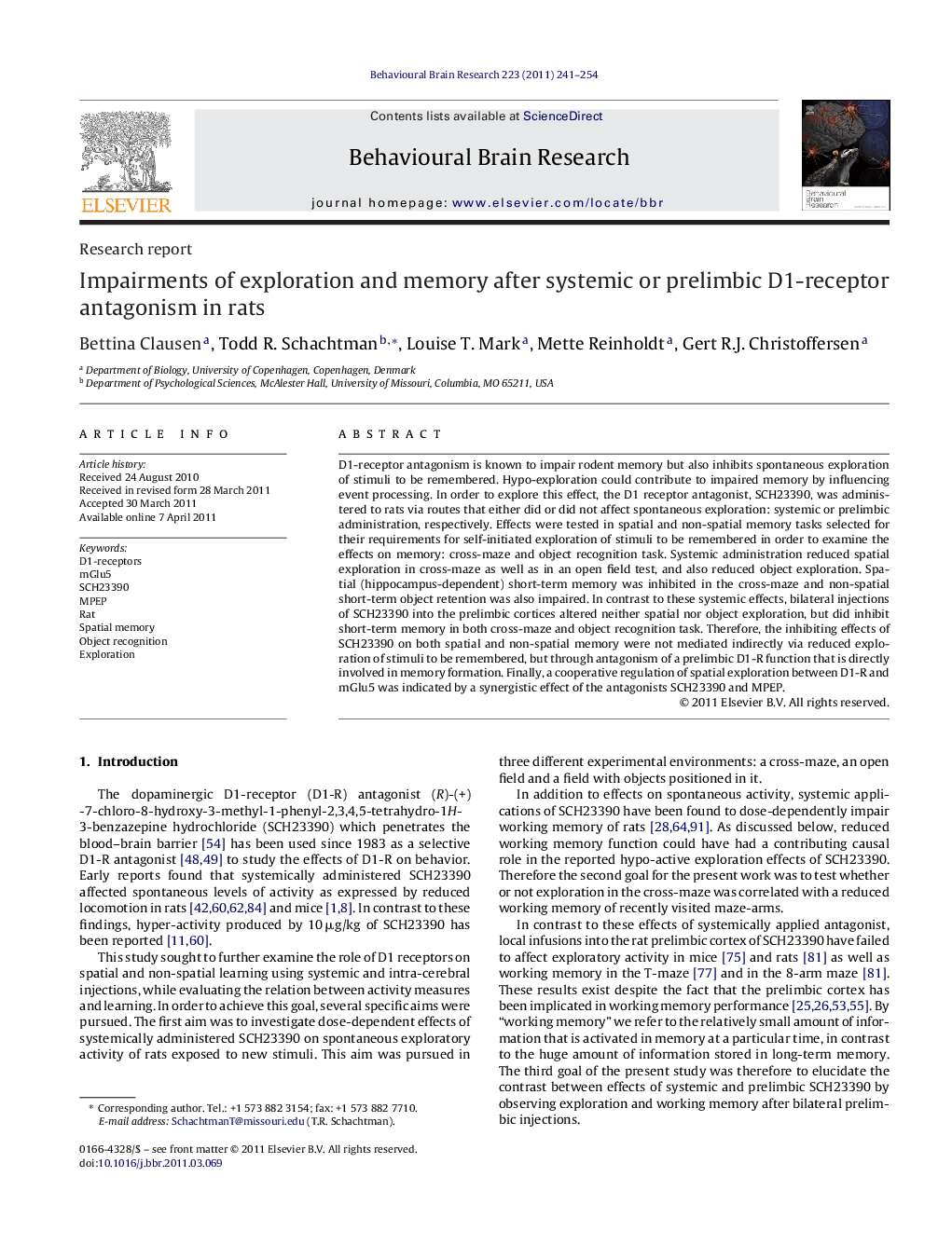 Impairments of exploration and memory after systemic or prelimbic D1-receptor antagonism in rats