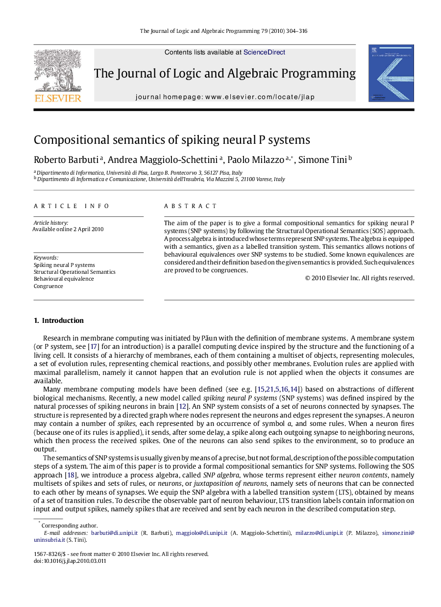 Compositional semantics of spiking neural P systems