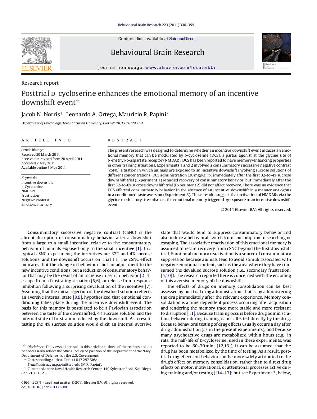 Posttrial d-cycloserine enhances the emotional memory of an incentive downshift event 