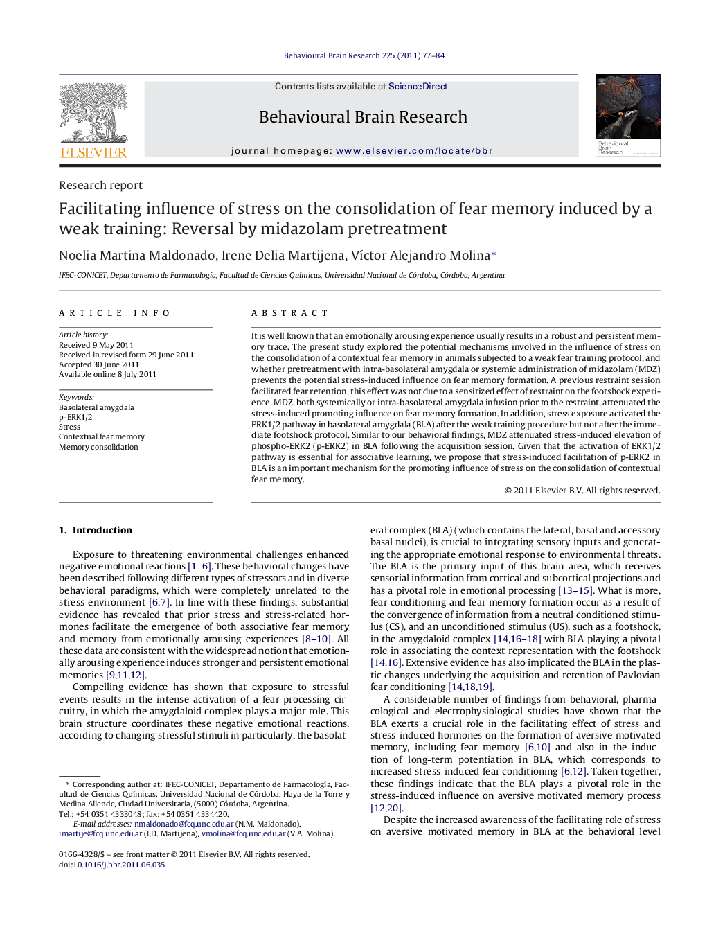 Facilitating influence of stress on the consolidation of fear memory induced by a weak training: Reversal by midazolam pretreatment