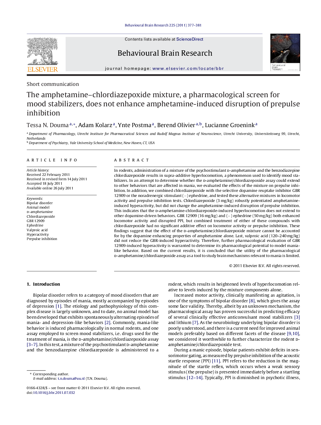 The amphetamine–chlordiazepoxide mixture, a pharmacological screen for mood stabilizers, does not enhance amphetamine-induced disruption of prepulse inhibition