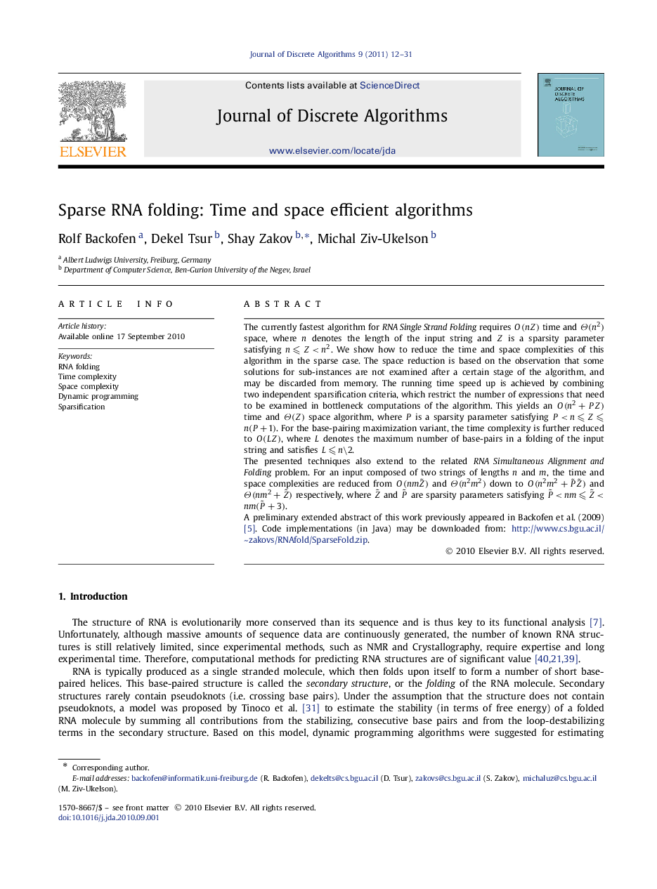 Sparse RNA folding: Time and space efficient algorithms