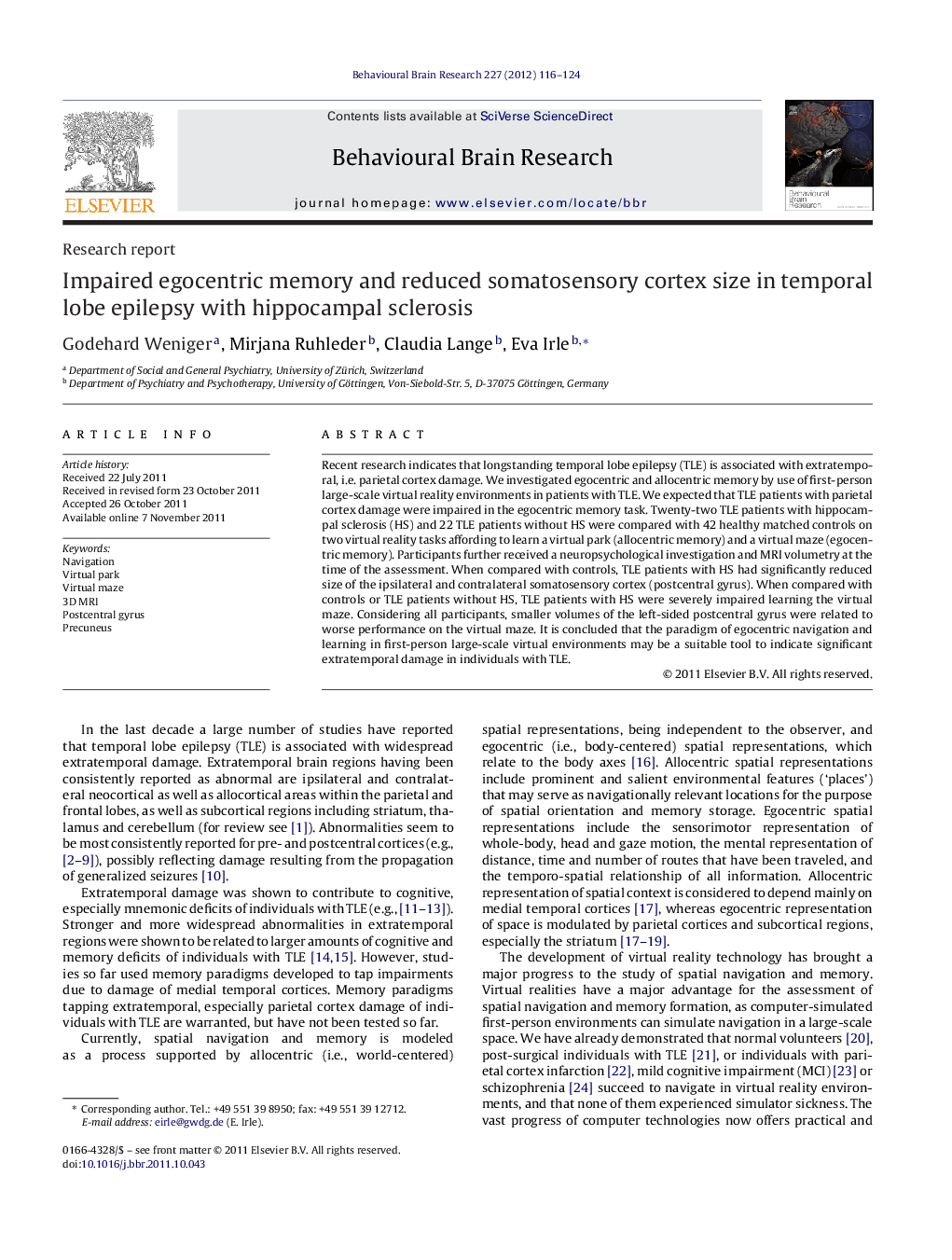 Impaired egocentric memory and reduced somatosensory cortex size in temporal lobe epilepsy with hippocampal sclerosis