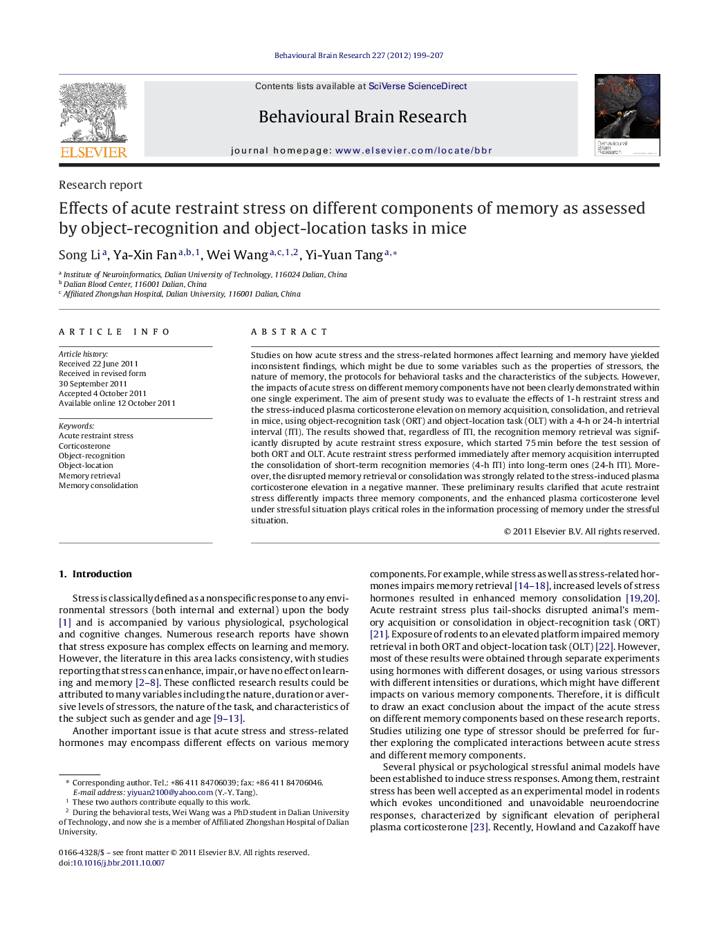 Effects of acute restraint stress on different components of memory as assessed by object-recognition and object-location tasks in mice