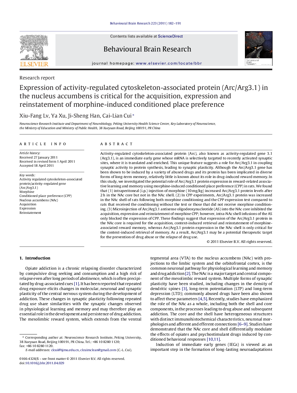 Expression of activity-regulated cytoskeleton-associated protein (Arc/Arg3.1) in the nucleus accumbens is critical for the acquisition, expression and reinstatement of morphine-induced conditioned place preference