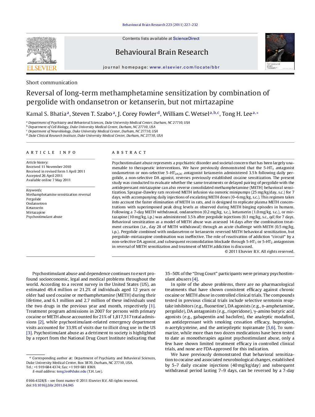 Reversal of long-term methamphetamine sensitization by combination of pergolide with ondansetron or ketanserin, but not mirtazapine