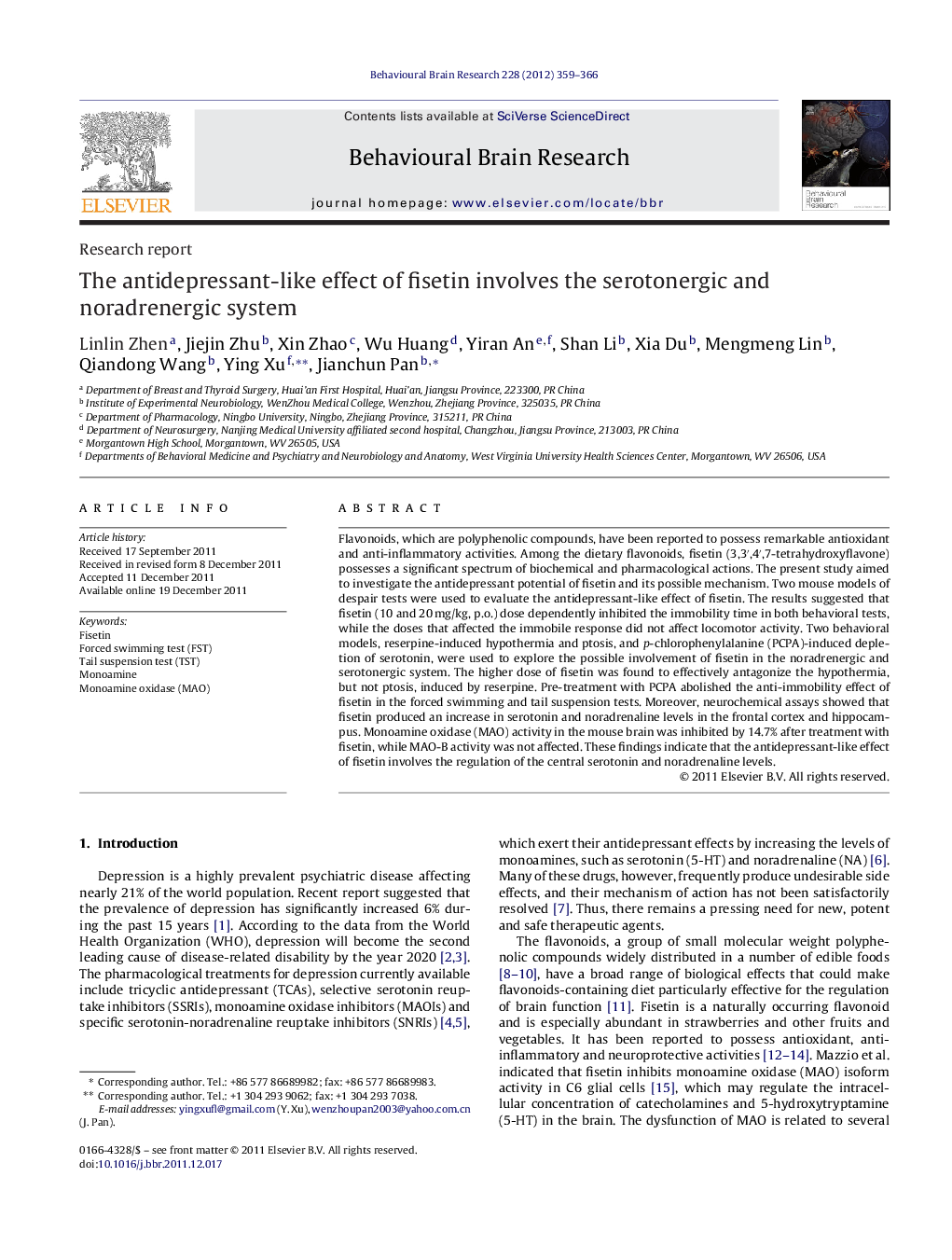 The antidepressant-like effect of fisetin involves the serotonergic and noradrenergic system