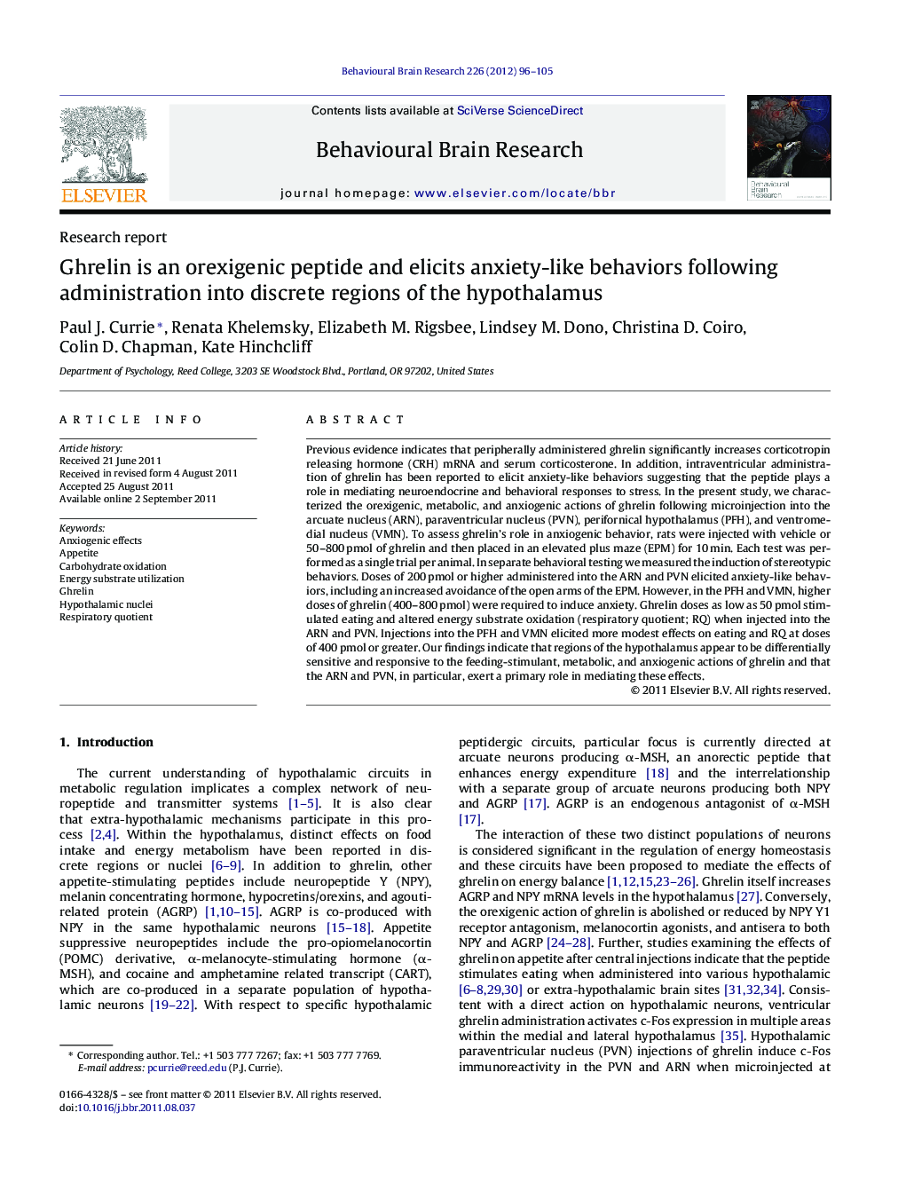 Ghrelin is an orexigenic peptide and elicits anxiety-like behaviors following administration into discrete regions of the hypothalamus